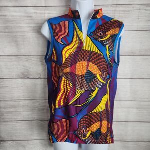 Primal Large Multicolor Bicycling Sleeveless Active Wear Fish Print Shirt